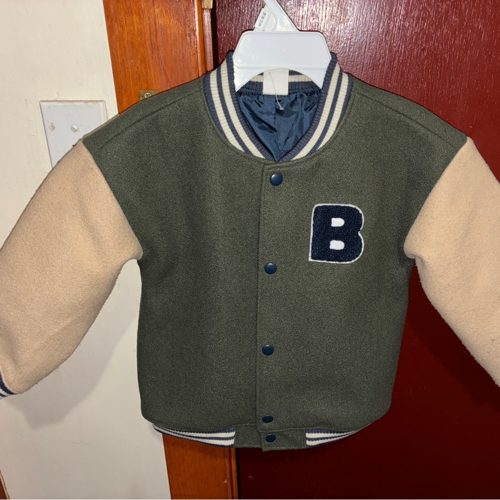 H&M Olive and Cream Varsity Jacket
